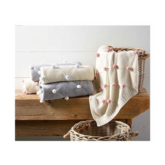 Mud Pie Other - MUD PIE | Grey Throw Blanket w/Pom Poms